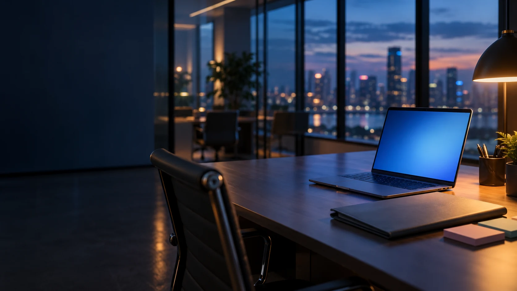 An evening workspace setting for the Five Minutes to Send decision story.